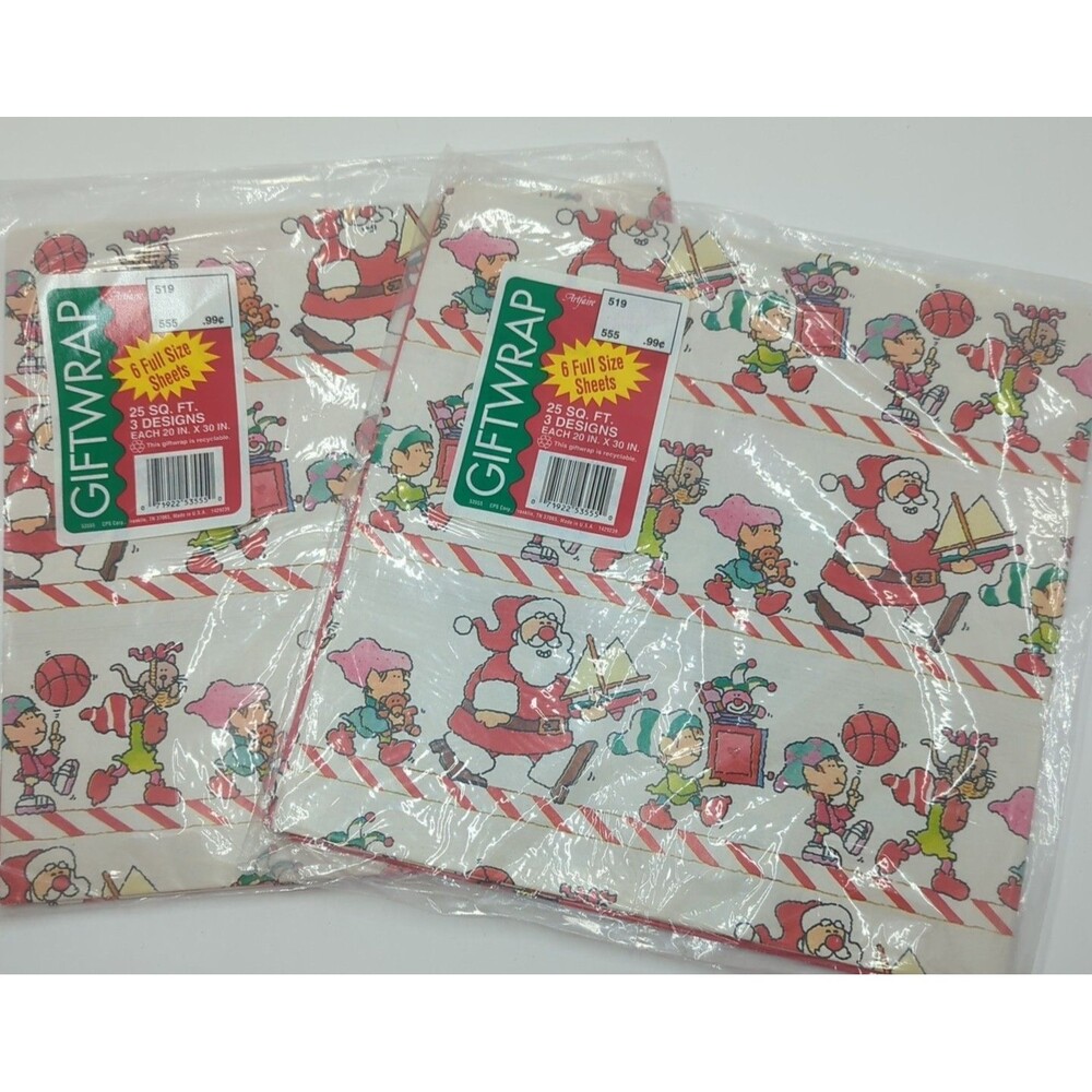 Vintage Artfaire Christmas Gift Wrap 50 Sq Ft Retro Santa Elves New Old Stock